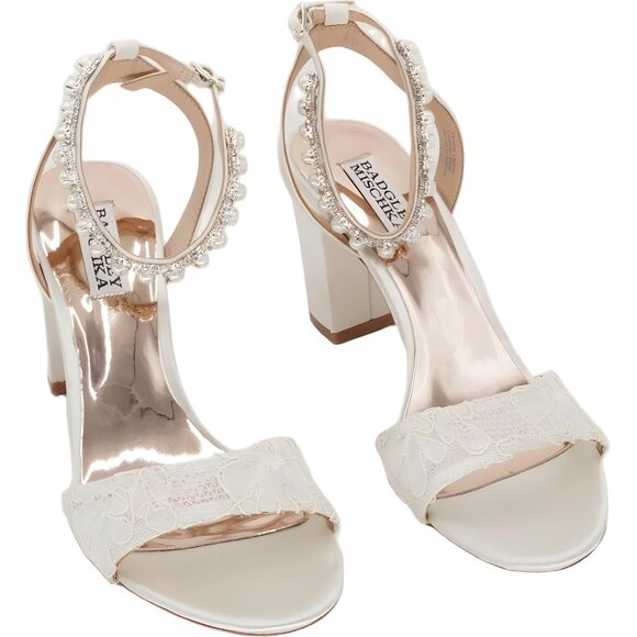 Badgley Mischka Koko Pearl Rhinestone Block Heel Dress Sandals Women's US 7.5 - Picture 1 of 6